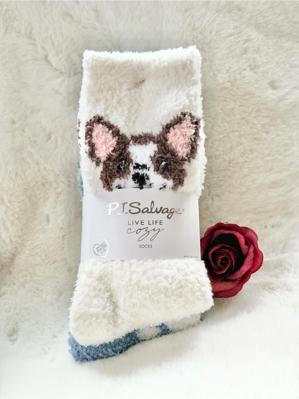 2 pack  P.J. Salvage Plush Dog Face  Cozy Socks Cream, Brown & 1 blue w/cream